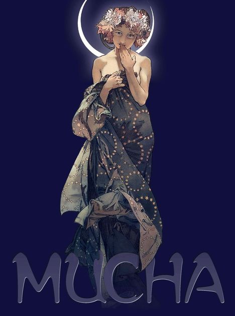 Text "MUCHA". Eine Frau in einem Sternenmusterkleid, mit Blumenkranz und einem leuchtenden Halbkreis im Hintergrund.