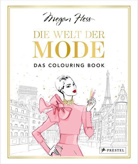 "DIE WELT DER MODE, DAS COLOURING BOOK". Stilvolle Frau in rosa Kleid mit Pariser Hintergrund; elegante Illustration.