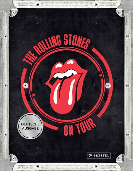 "THE ROLLING STONES ON TOUR" und "DEUTSCHE AUSGABE" stehen neben einem roten Zungenlogo auf schwarzem Hintergrund.