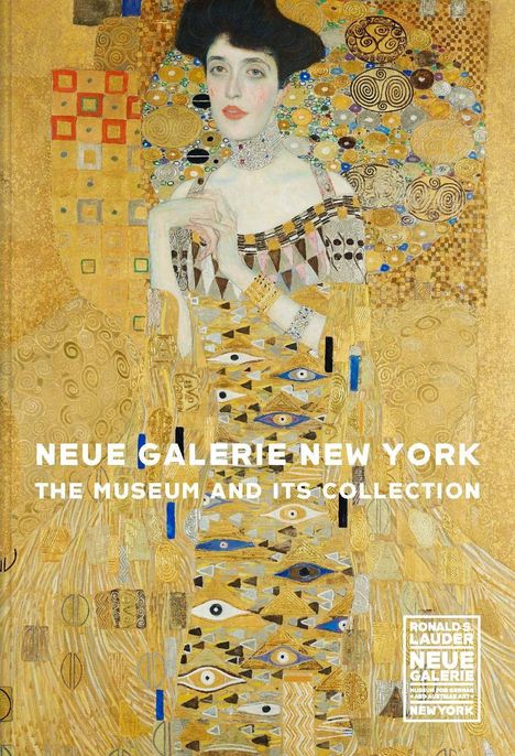 "Neue Galerie New York: The Museum and Its Collection" in Weiß über einem dekorativen Gemälde einer Frau in Gold und Mustern.