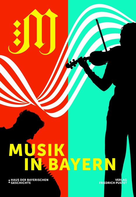 "MUSIK IN BAYERN" groß in Gelb, Silhouetten von Musikern, links mit Akkordeon, rechts mit Geige, bunte Hintergrundfarben.