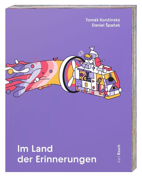 „Im Land der Erinnerungen“ in Weiß. Illustration: Abstraktes, buntes Flugobjekt auf violettem Hintergrund.