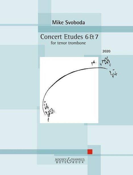 "Concert Etudes 6 & 7 for tenor trombone" von Mike Svoboda, 2020. Geometrisches, modernes Design mit geschwungenen Notenlinien.