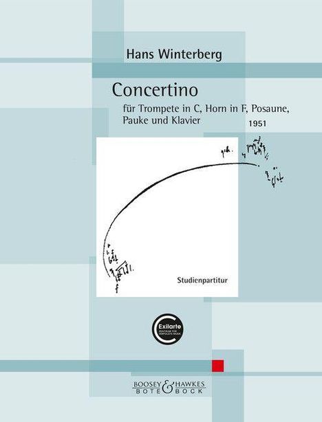 Text: Hans Winterberg, Concertino für Trompete in C, Horn in F, Posaune, Pauke und Klavier, 1951, Studienpartitur. Simplistisches Design mit Notenlinien.