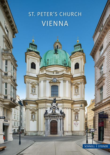 Text: "ST. PETER'S CHURCH VIENNA". Historische Kirche mit grüner Kuppel und zwei Türmen, umgeben von klassischen Gebäuden.