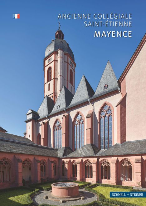 Text: "Ancienne Collégiale Saint-Étienne Mayence". Ansicht einer historischen Kirche mit gotischen Fenstern und einem Turm.