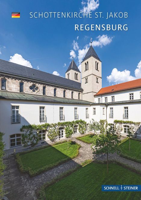 „Schottenkirche St. Jakob Regensburg“, Deutsches Flaggen-Icon. Gebäude mit zwei Kirchtürmen, Garten im Innenhof.