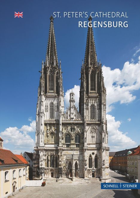 Text: "St. Peter's Cathedral Regensburg." Ein gotischer Dom mit zwei hohen Türmen unter blauem Himmel.
