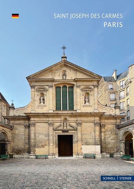 Oben steht "Saint Joseph des Carmes, Paris". Eine klassische Kirchenfassade mit Steinfiguren und grünen Fensterläden.