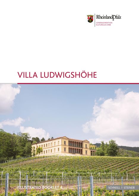 "Villa Ludwigshöhe" in roter Schrift, darunter ein Gebäudebild auf einem Weinberg, Logo Rheinland Pfalz oben rechts.