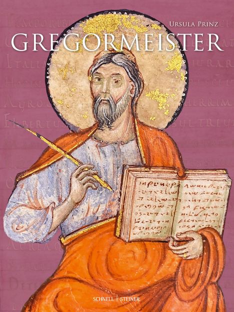 "Gregormeister" und "Ursula Prinz" stehen über einem mittelalterlichen Gemälde einer bärtigen Figur mit Buch und Schreibfeder.