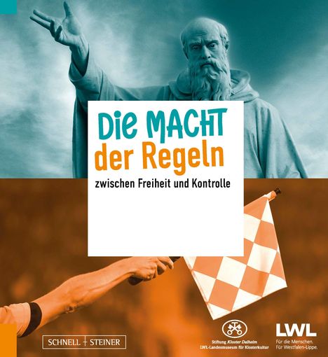 "Die Macht der Regeln: zwischen Freiheit und Kontrolle." Illustration von Statue und Hand mit Schiedsrichterflagge.