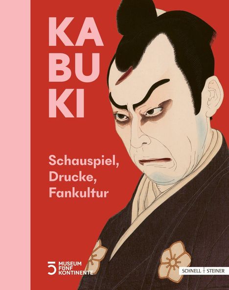 Text: KABUKI, Schauspiel, Drucke, Fankultur. Illustration eines Kabuki-Darstellers mit markantem Make-up.