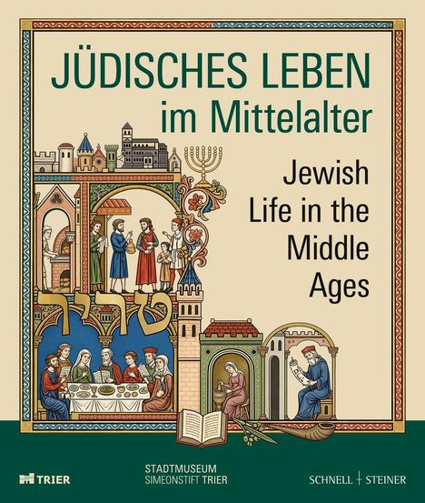 „JÜDISCHES LEBEN im Mittelalter“ und „Jewish Life in the Middle Ages“. Mittelalterliche Szene mit Menschen und Gebäuden.
