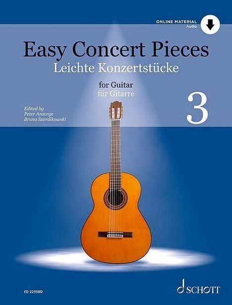 "Easy Concert Pieces", "Leichte Konzertstücke", "for Guitar", "für Gitarre", "3". Eine Gitarre vor blauem Hintergrund.