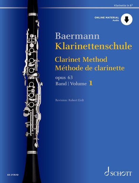 Baermann Klarinettenschule, Clarinet Method, op. 63, Band 1. Eine Klarinette ist auf blauem Hintergrund abgebildet.