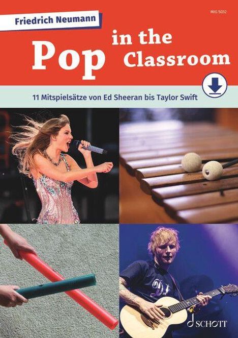 „Pop in the Classroom“ beinhaltet 11 Mitspielsätze von Ed Sheeran bis Taylor Swift. Fotos von Taylor Swift, einem Xylophon, bunten Röhren und einem Gitarristen.