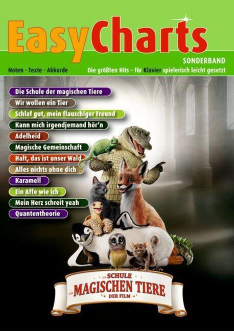 "Die Schule der magischen Tiere", Songtitel und Logo mit Tieren wie Fuchs, Pinguin und Krokodil vor Säulen.
