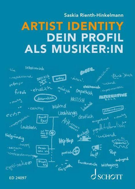 "Artist Identity: Dein Profil als Musiker:in" von Saskia Rienth-Hinkelmann. Viele handgeschriebene Wörter auf blauem Hintergrund.