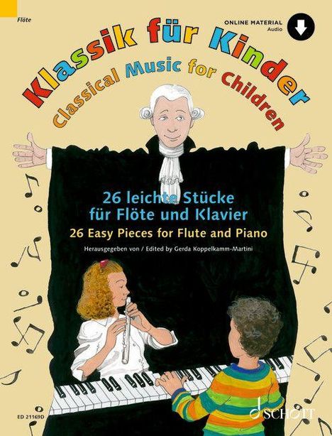 "Klassik für Kinder", 26 leichte Stücke für Flöte und Klavier. Illustration von fröhlichen Kinder mit Musiksymbolen.
