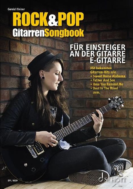 „ROCK & POP GitarrenSongbook: Für Einsteiger“, Liste von Gitarren-Hits. Eine Frau spielt E-Gitarre, trägt Hut und sitzt.