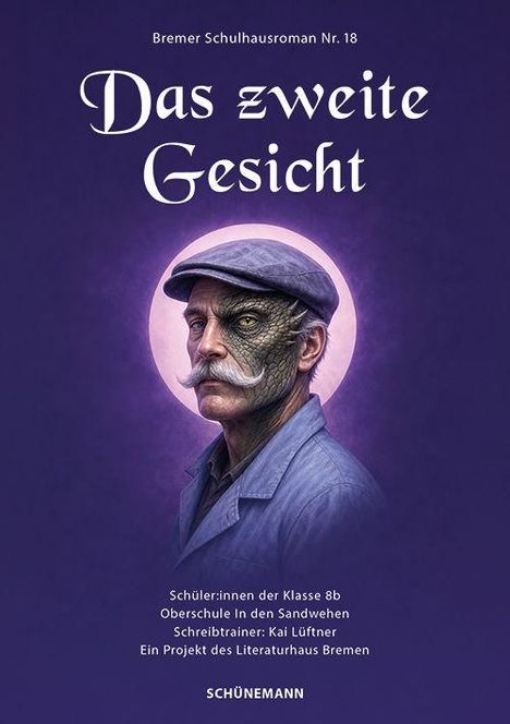 Titel "Das zweite Gesicht", Illustration eines Mannes mit Reptilienhaut und Schnurrbart vor lila Hintergrund.