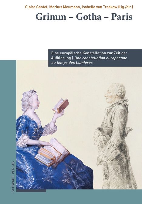 "Grimm – Gotha – Paris" oben. Eine Frau in blauem Kleid, lesend, sitzt gegenüber einem Mann in Grautönen.