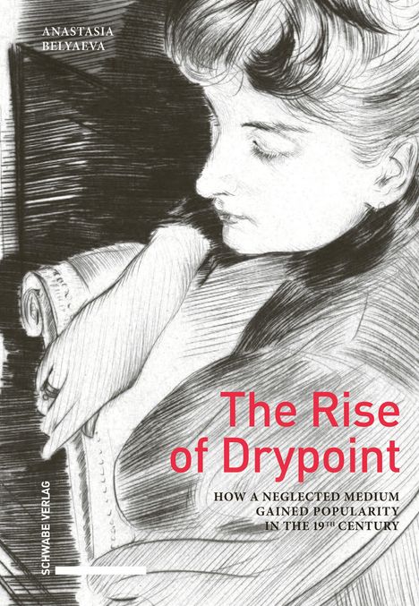 Text: "The Rise of Drypoint" und "HOW A NEGLECTED MEDIUM GAINED POPULARITY IN THE 19TH CENTURY." Illustration: Frau im Profil.