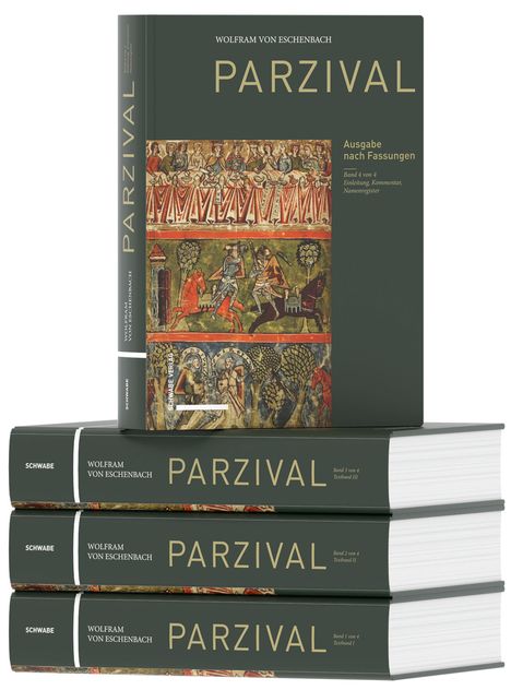 Oben "Parzival" von Wolfram von Eschenbach. Mehrere Bücherstapel. Cover zeigt mittelalterliche Illustration.