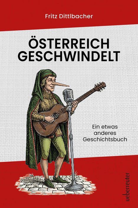 "Österreich Geschwindelt" von Fritz Dittlbacher. Illustration: Figur mit langer Nase, Gitarre und Mikrofon.