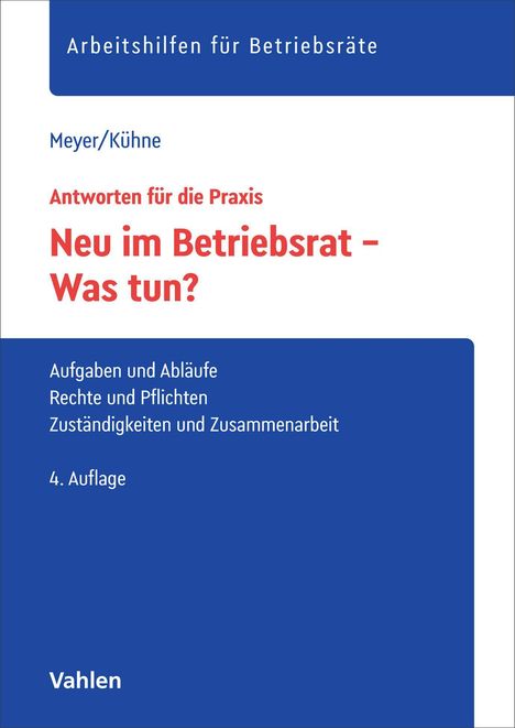 "Neu im Betriebsrat – Was tun?" in roter Schrift. Blaue Abschnitte enthalten weitere Infos und den Verlag: Vahlen.