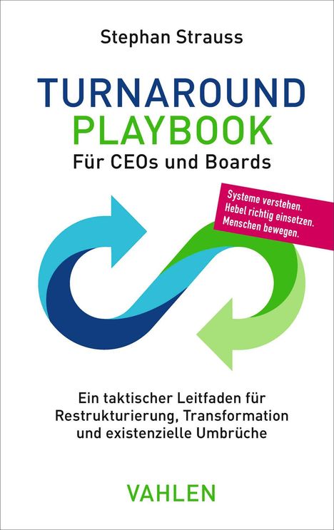 Text: "Turnaround Playbook für CEOs und Boards. Ein taktischer Leitfaden für Restrukturierung, Transformation und existenzielle Umbrüche." Farbiges Unendlichkeitssymbol.