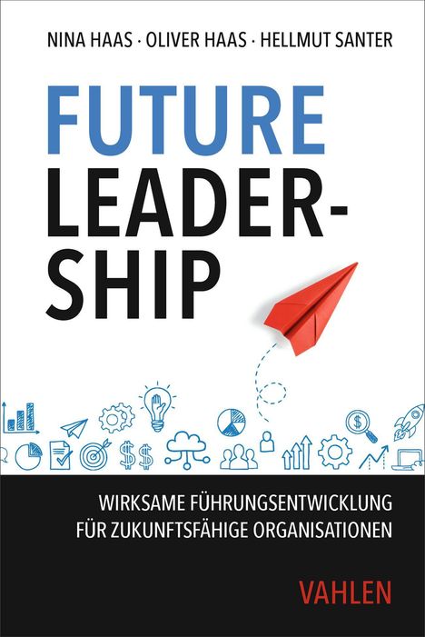 Oben stehen drei Namen. Groß der Titel: FUTURE LEADERSHIP. Unten: WIRKSAME FÜHRUNGSENTWICKLUNG FÜR ZUKUNFTSFÄHIGE ORGANISATIONEN. Rotes Papierflugzeug.
