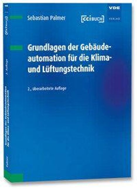 Text: "Grundlagen der Gebäudeautomation für die Klima- und Lüftungstechnik, 2. überarbeitete Auflage". Blaues Buchcover.