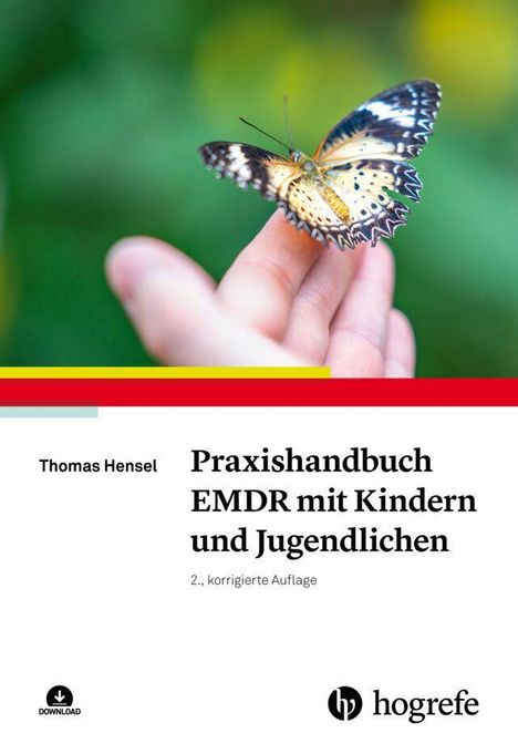 Text: "Thomas Hensel. Praxishandbuch EMDR mit Kindern und Jugendlichen. 2., korrigierte Auflage." Schmetterling auf einer Hand.