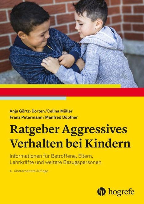 Zwei Jungen raufen vor einer Backsteinmauer; Titel: "Ratgeber Aggressives Verhalten bei Kindern."