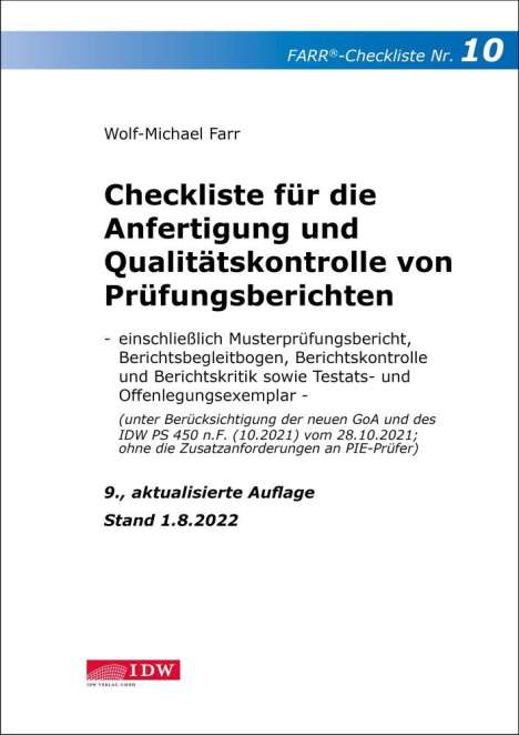 Wolf-Michael Farr: Checkliste 10 für die Anfertigung und Qualitätskontrolle von Prüfungsberichten, Buch