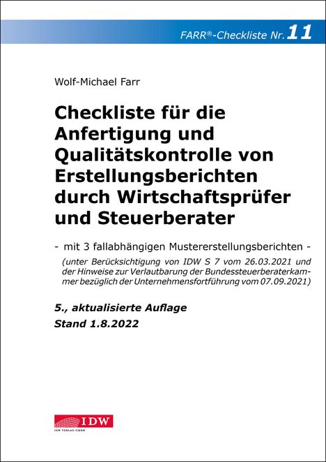 Wolf-Michael Farr: Farr, W: Checkliste 11 für die Anfertigung und Qualitätskont, Buch