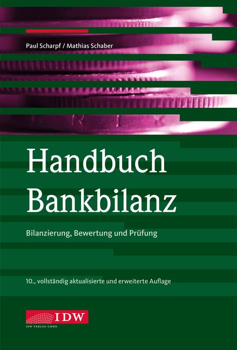 "Handbuch Bankbilanz: Bilanzierung, Bewertung und Prüfung" von Paul Scharpf/Mathias Schaber, 10. Ausgabe. Ein Logo unten.