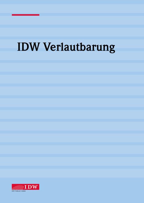 Text: "IDW Verlautbarung". Unten links ein rotes Logo mit "IDW". Hintergrund mit horizontalen blauen Linien.