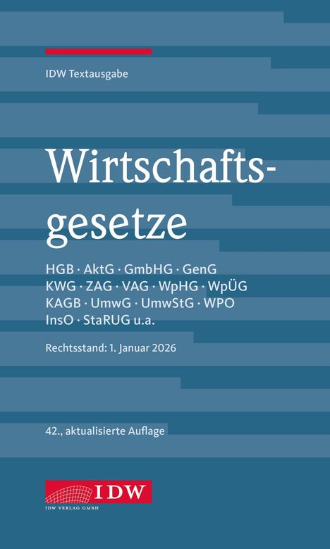 "Wirtschaftsgesetze, Rechtsstand: 1. Januar 2026, 42., aktualisierte Auflage" auf blauem Hintergrund mit IDW-Logo.