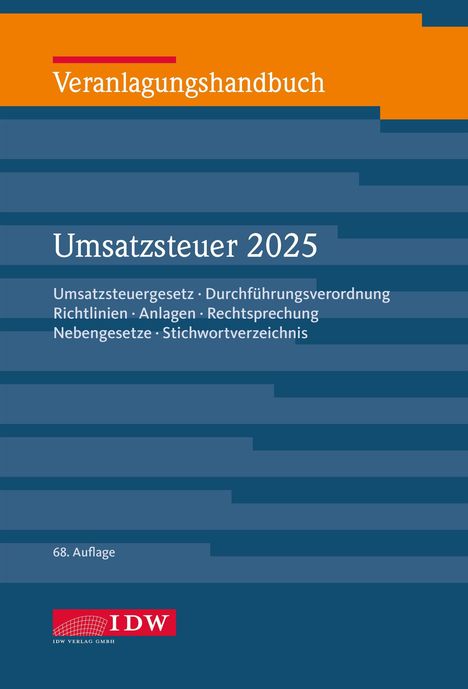 "Veranlagungshandbuch, Umsatzsteuer 2025, Umsatzsteuergesetz, Durchführungsverordnung." Rechteckige, blaue Grafik.