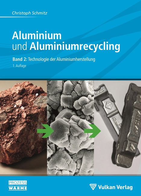Text: "Christoph Schmitz, Aluminium und Aluminiumrecycling, Band 2: Technologie der Aluminiumherstellung, 1. Auflage." 
Illustration: Rohstoff, Pulver, Barren mit Pfeilen.