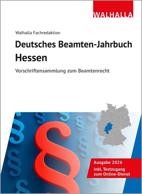 "Deutsches Beamten-Jahrbuch Hessen", "Vorschriftensammlung", rote Paragraphen-Symbolik, graue Hessen-Karte.
