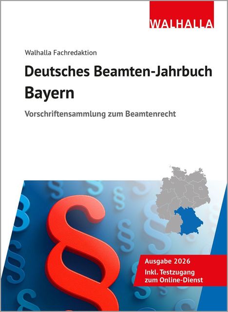 Titel: "Deutsches Beamten-Jahrbuch Bayern". Illustration: Großes rotes Paragraphenzeichen, Karte von Bayern.