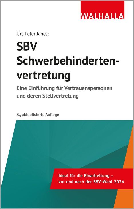 "SBV Schwerbehindertenvertretung, Einführung für Vertrauenspersonen, 3. Auflage." Oben ein rotes Walhalla-Logo, unten grafische Elemente.