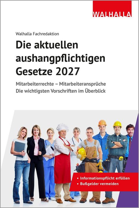 "Die aktuellen aushangpflichtigen Gesetze 2027", verschiedene Berufsleute in Arbeitskleidung, "WALHALLA" Logo oben.
