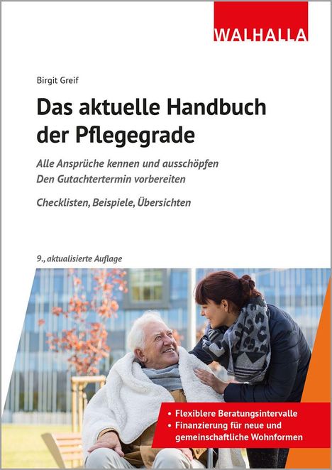 "Das aktuelle Handbuch der Pflegegrade", Infos und Bild: lächelnder älterer Mann in Decke mit Frau, Hintergrund modern.