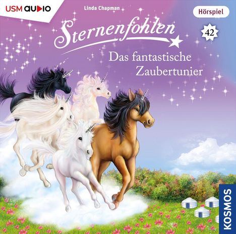 Titel: "Sternenfohlen - Das fantastische Zaubertunier", Hörspiel 42. Fünf Einhörner galoppieren durch eine magische Landschaft.