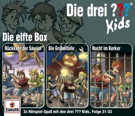 "Die drei ??? Kids", "Die elfte Box". Titel: "Rückkehr der Saurier", "Die Gruselfalle", "Nacht im Kerker". Drei Kinder-Abenteuer.